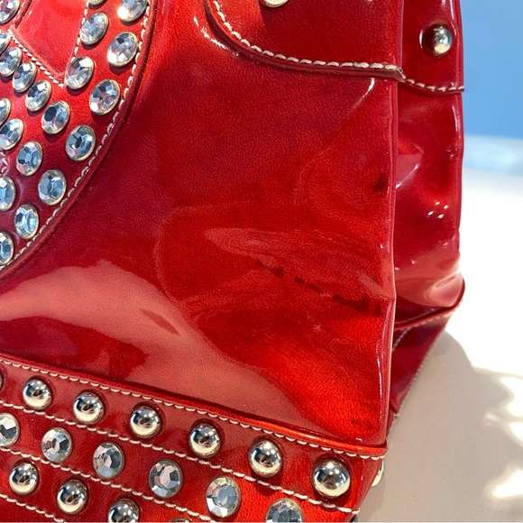🛍️ 4 for 20$ / Vintage Peace Logo Rhinestone Glossy Faux Leather Handbag - Picture 6 of 16